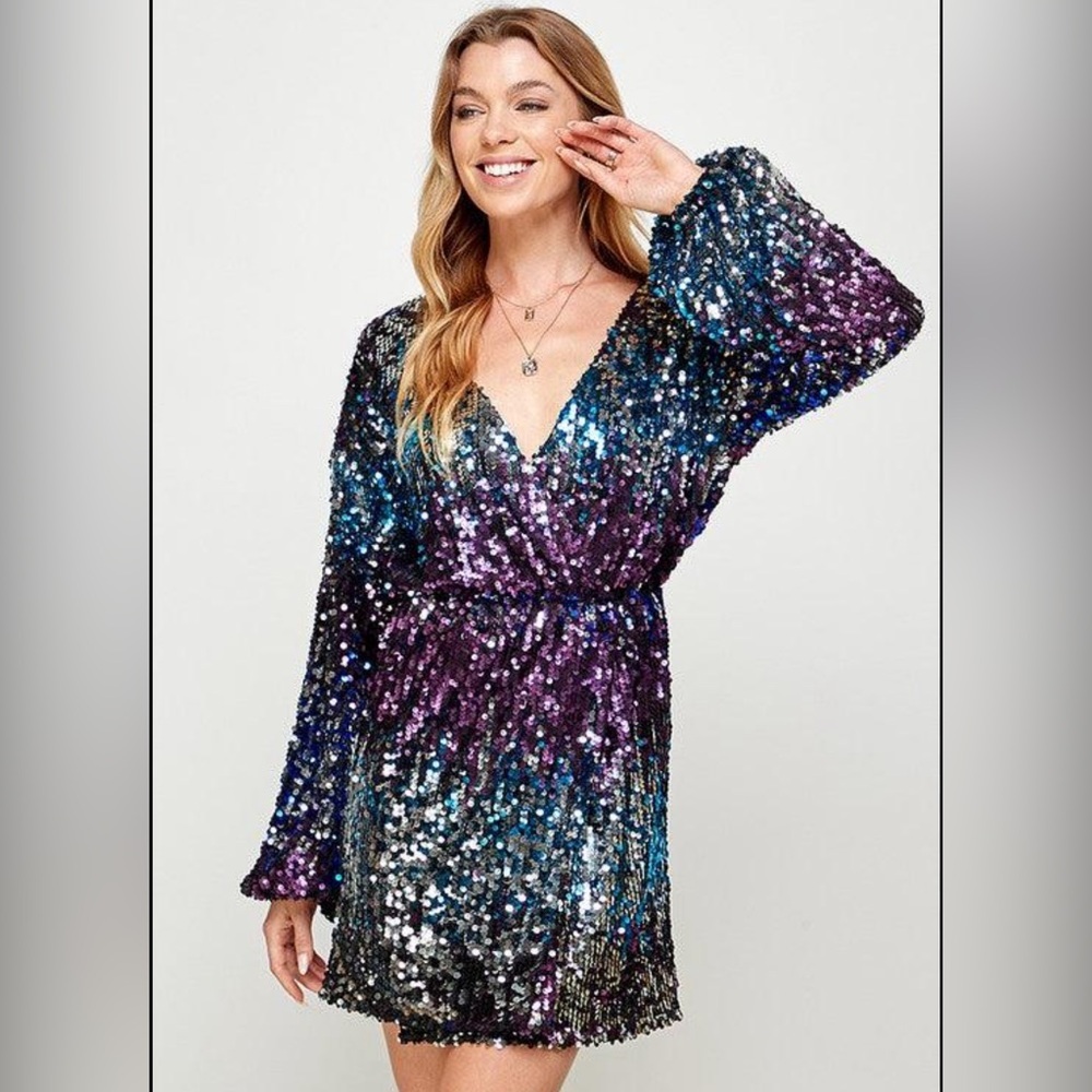 The Vintage Shop Ombré Long Sleeve Sequin Mini Dress Faux Wrap Skirt Size Small